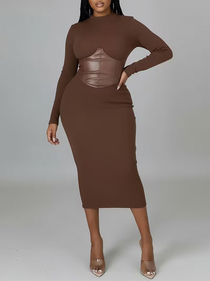 Women's Ribbed Corset-Detail Midi Dress