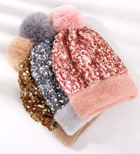Women's Sequin Pom Pom Beanie