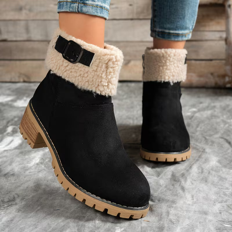 Women's Plush Cuff Block Heel Ankle Boots