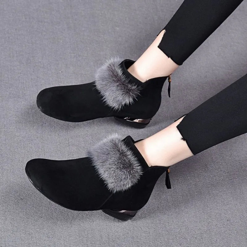 Women's Faux Fur Trim Low Heel Ankle Boots