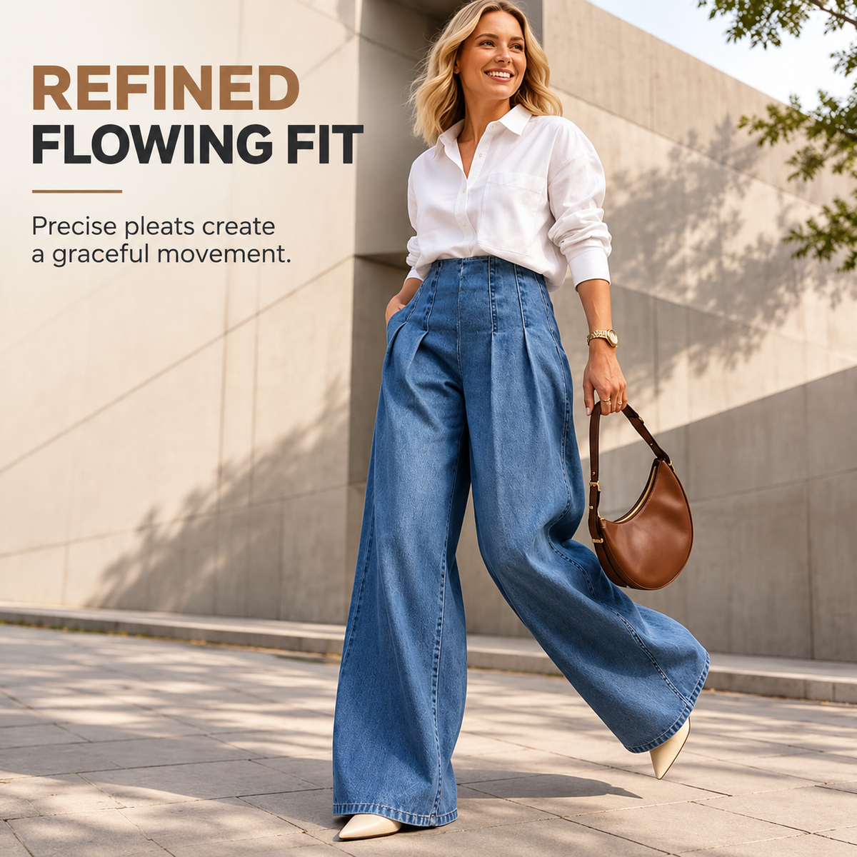 Women's Pleated Wide-Leg Denim Jeans