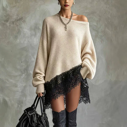 Women's Chic Off-Shoulder Lace Trim Jumper Dress