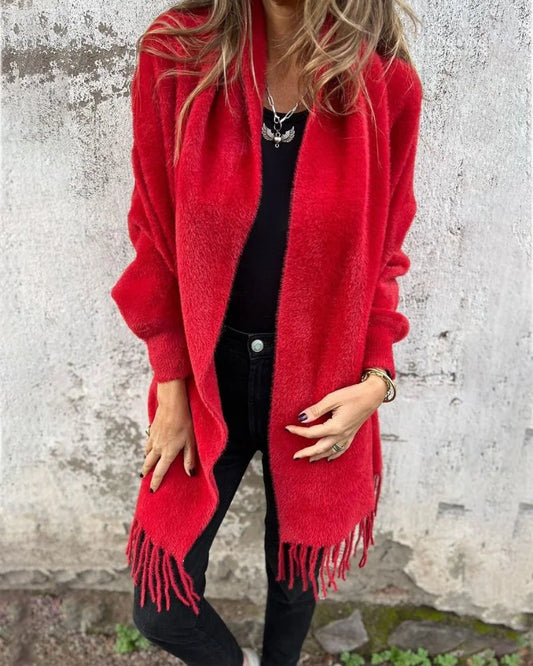 Women's long-sleeved coat with fringes, for everyday wear