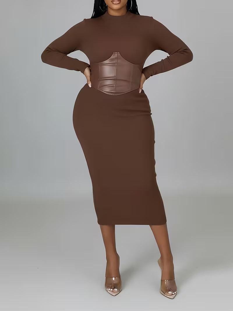 Women's Ribbed Corset-Detail Midi Dress