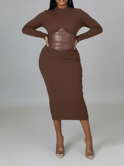Women's Ribbed Corset-Detail Midi Dress