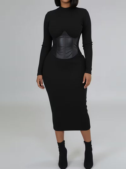 Women's Ribbed Corset-Detail Midi Dress