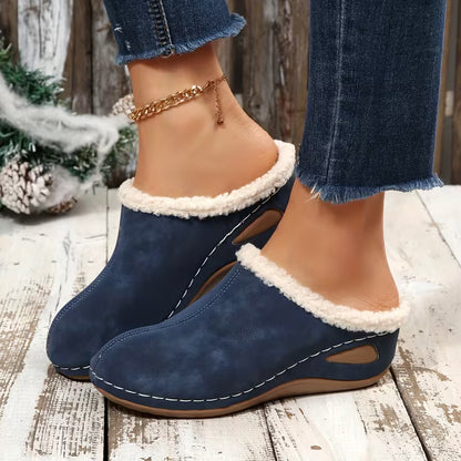 Women's Plush Trim Wedge Slippers