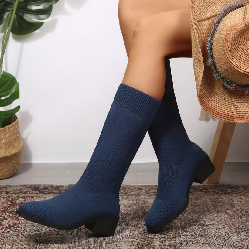 Women's Knitted Knee-High Block Heel Boots