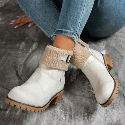 Women's Plush Cuff Block Heel Ankle Boots