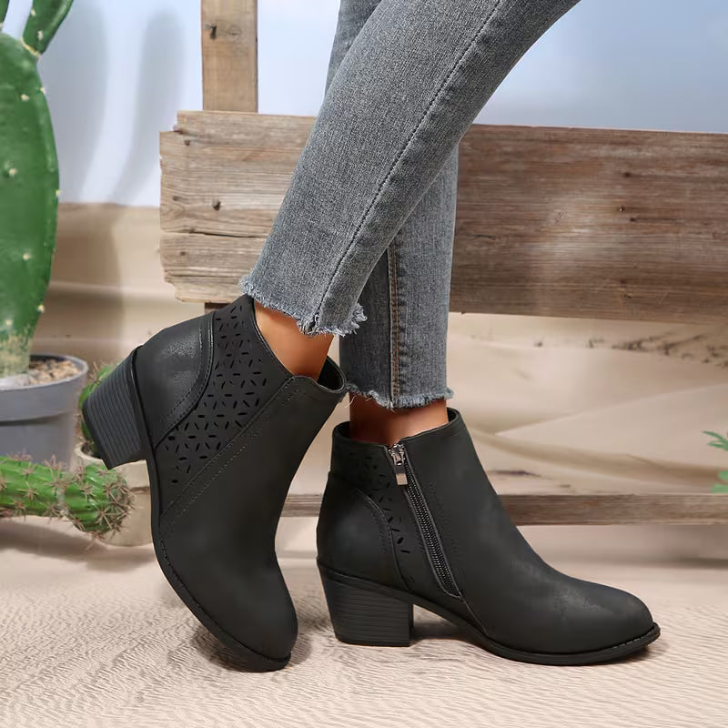Women's Cut-Out Chunky Heel Ankle Boots