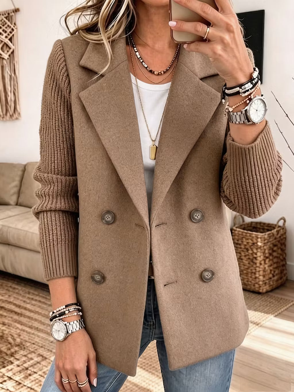 Women's Knit Sleeve Double-Breasted Blazer