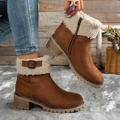 Women's Plush Cuff Block Heel Ankle Boots