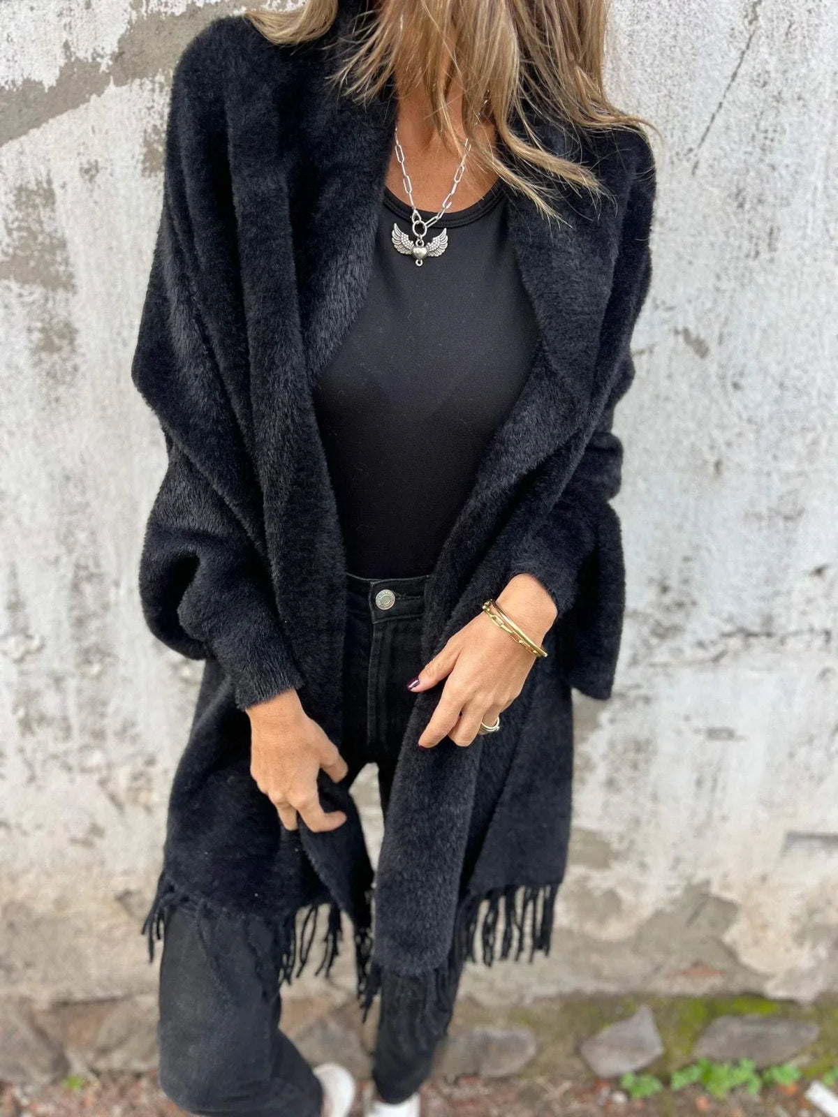 Women's long-sleeved coat with fringes, for everyday wear