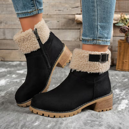 Women's Plush Cuff Block Heel Ankle Boots