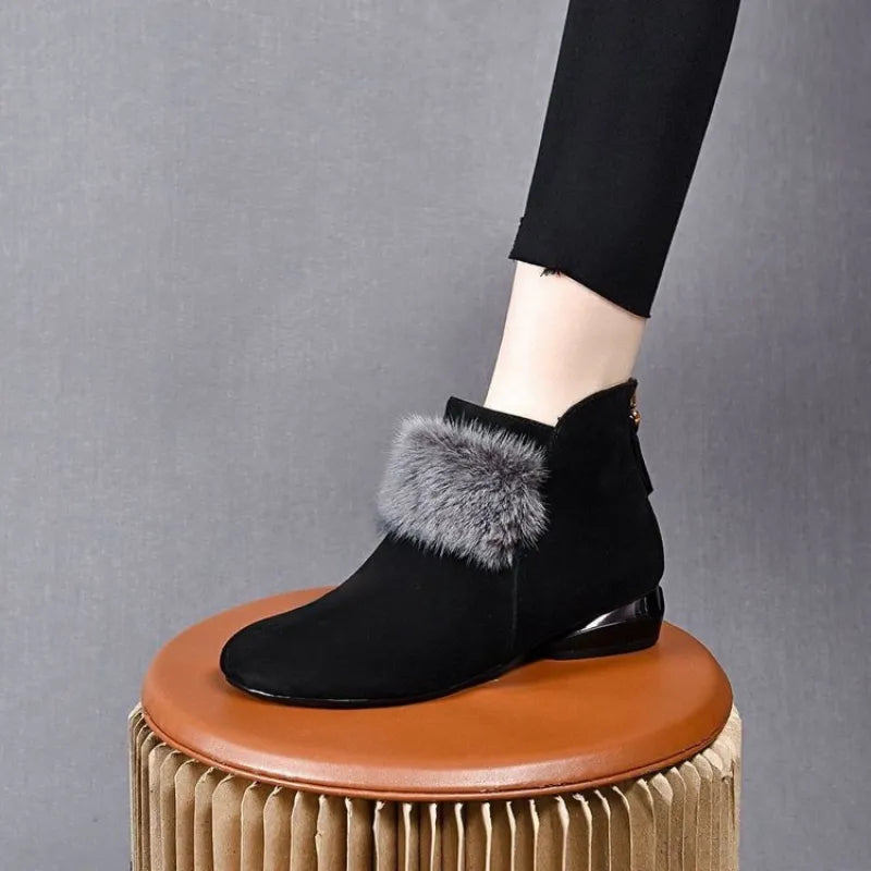 Women's Faux Fur Trim Low Heel Ankle Boots