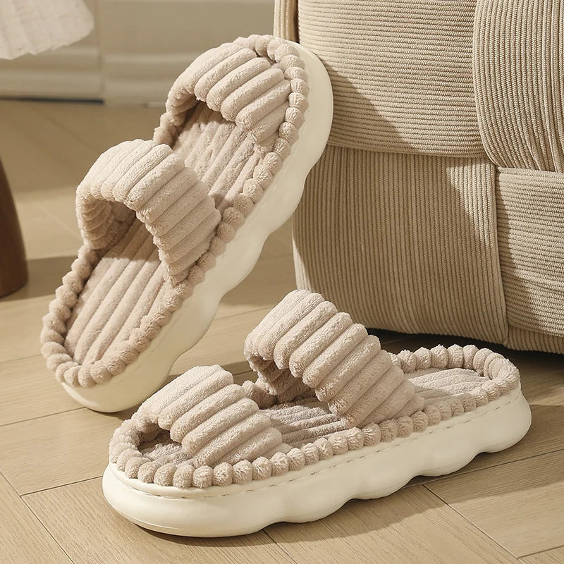 Women's Striped Plush Platform Slippers