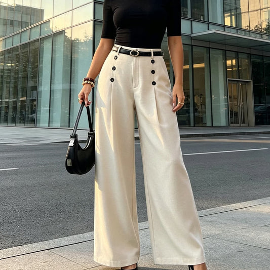 Women's High-Waisted Button Detail Wide-Leg Trousers