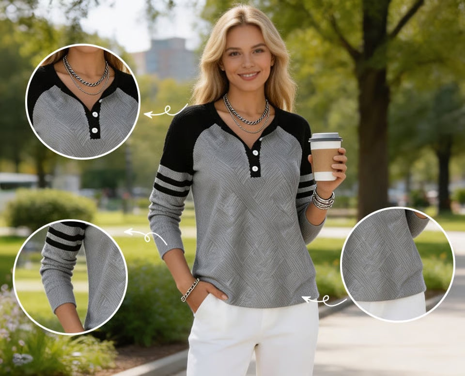 Women's Raglan Sleeve Button Neck Knit Jumper