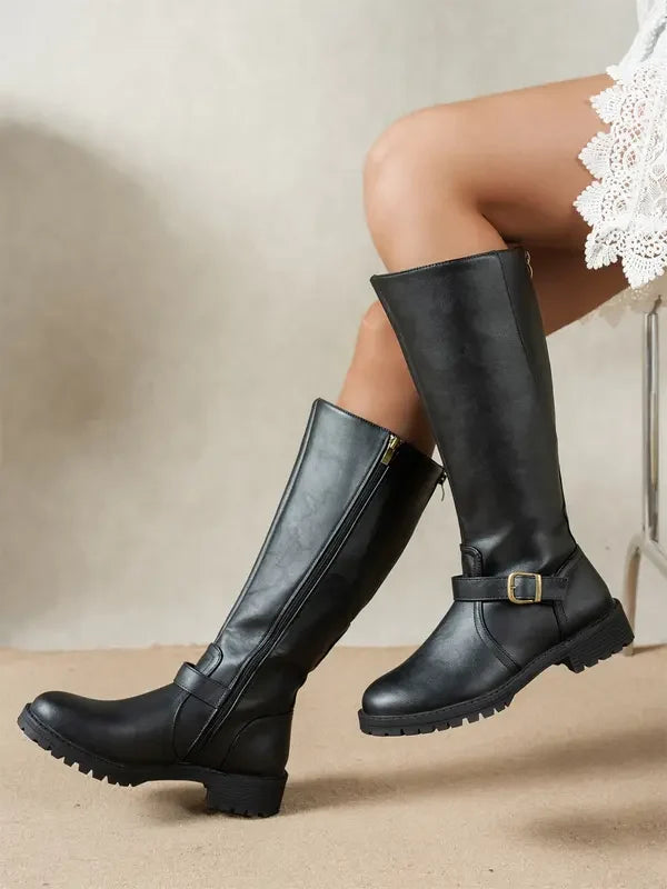 Women’s Winter Low-Heel Leather-Look Support Knee Boots