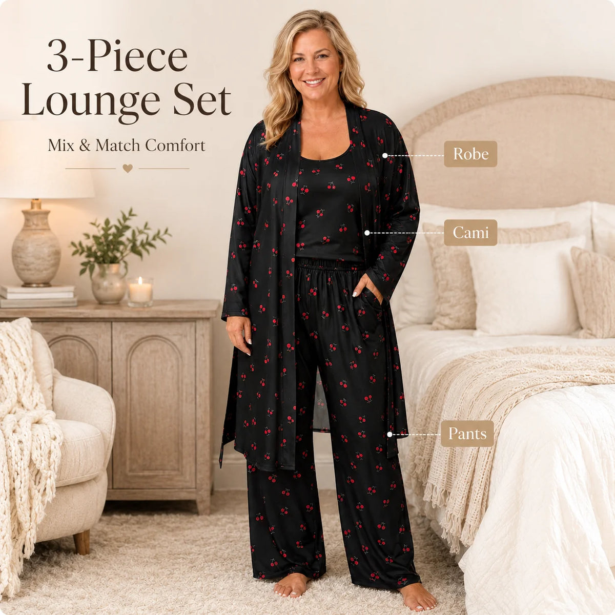 Women's Cherry Print Three-Piece Lounge Set