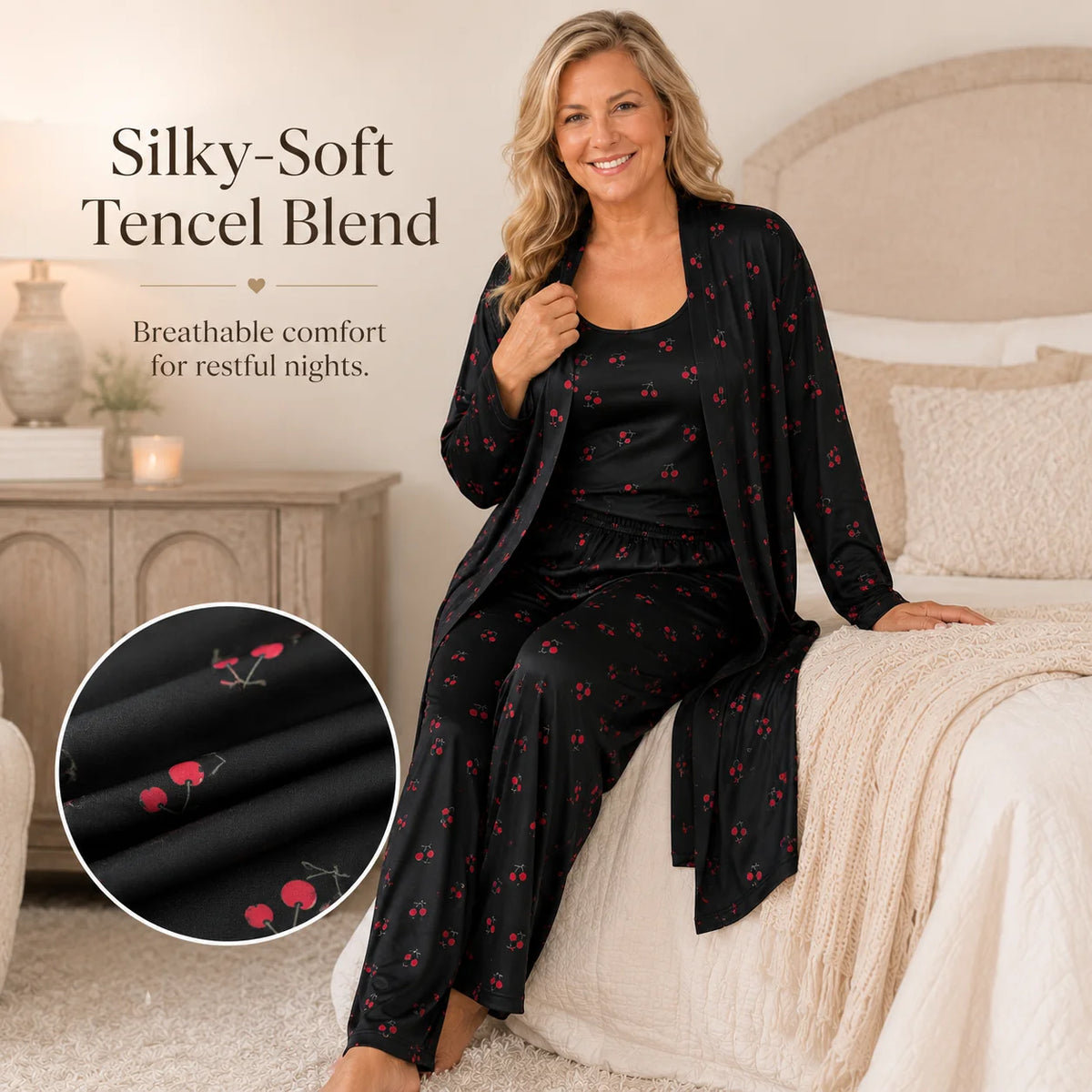 Women's Cherry Print Three-Piece Lounge Set