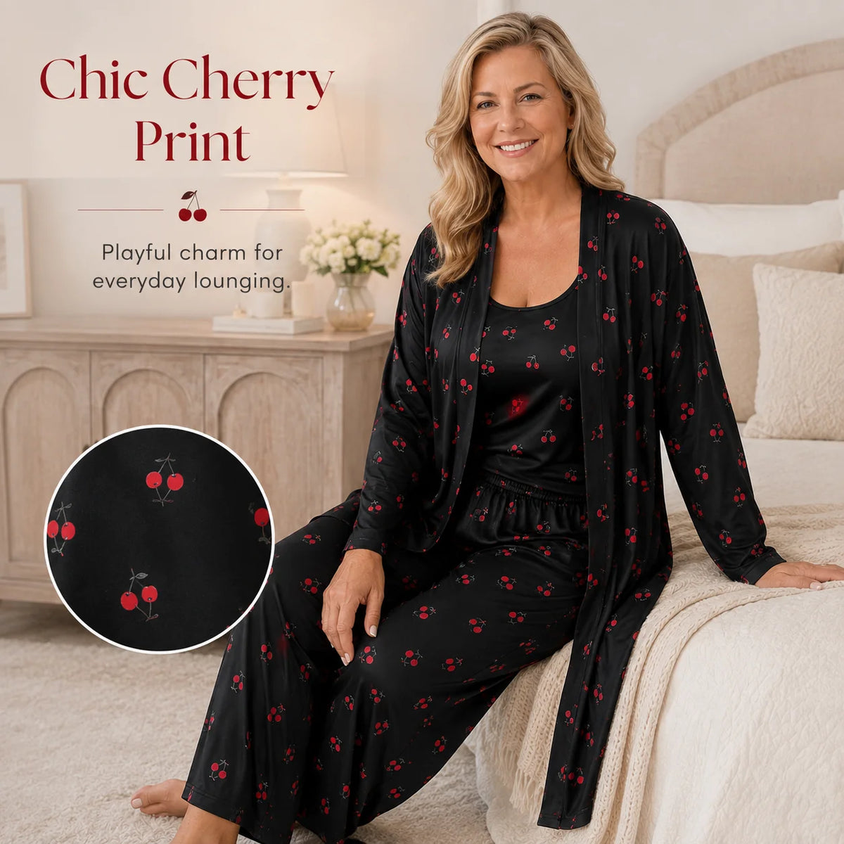 Women's Cherry Print Three-Piece Lounge Set
