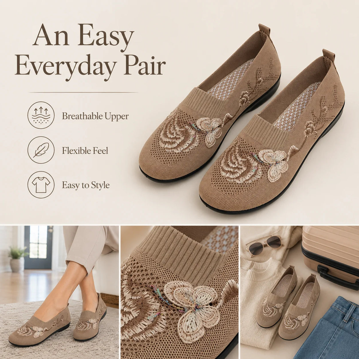 Women's Floral Embroidered Knit Slip On Shoes
