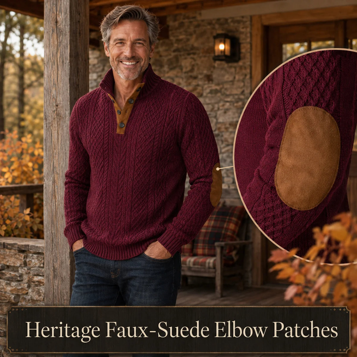 Men's Diamond Knit Button Neck Jumper