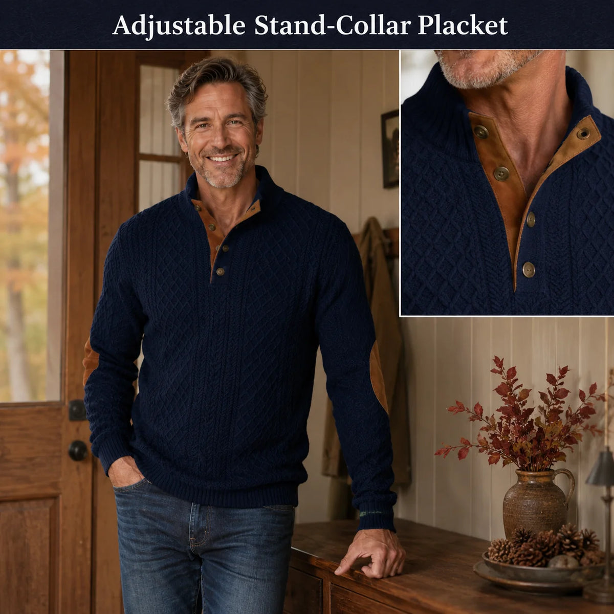 Men's Diamond Knit Button Neck Jumper