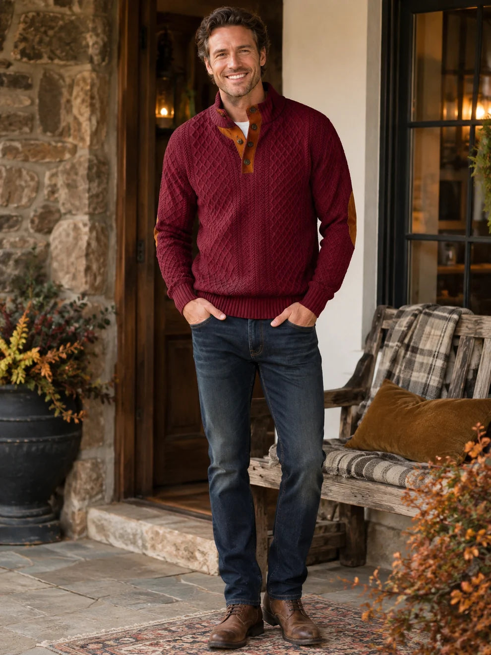 Men's Diamond Knit Button Neck Jumper