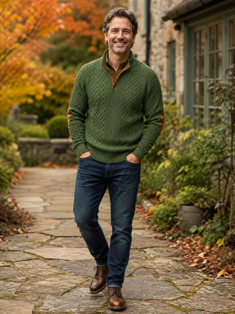 Men's Diamond Knit Button Neck Jumper