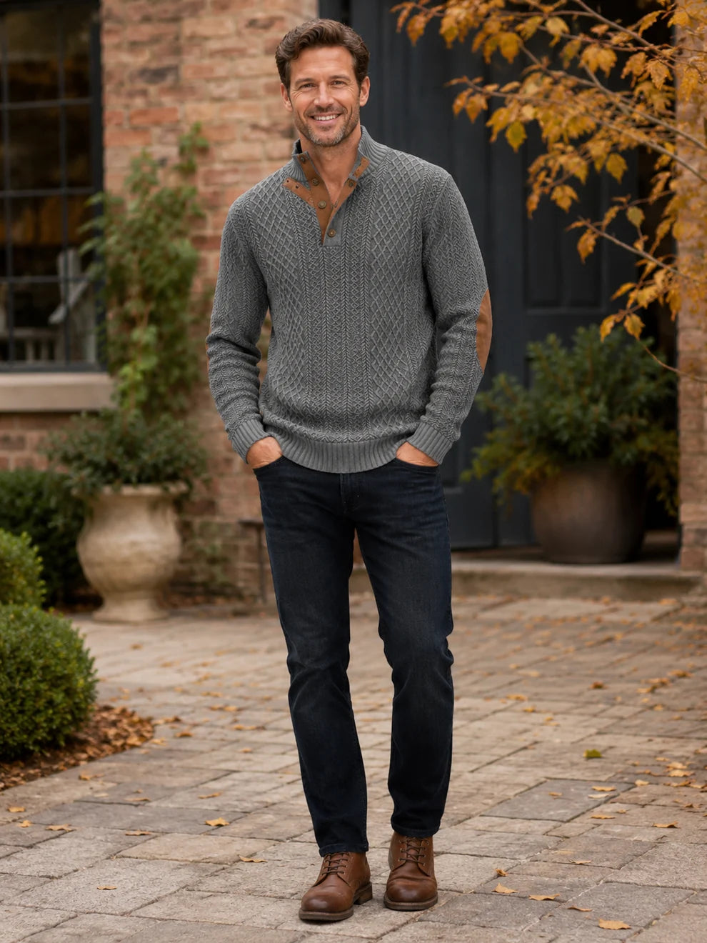 Men's Diamond Knit Button Neck Jumper