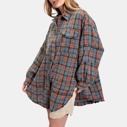 Women's Raw Hem Oversized Check Shirt