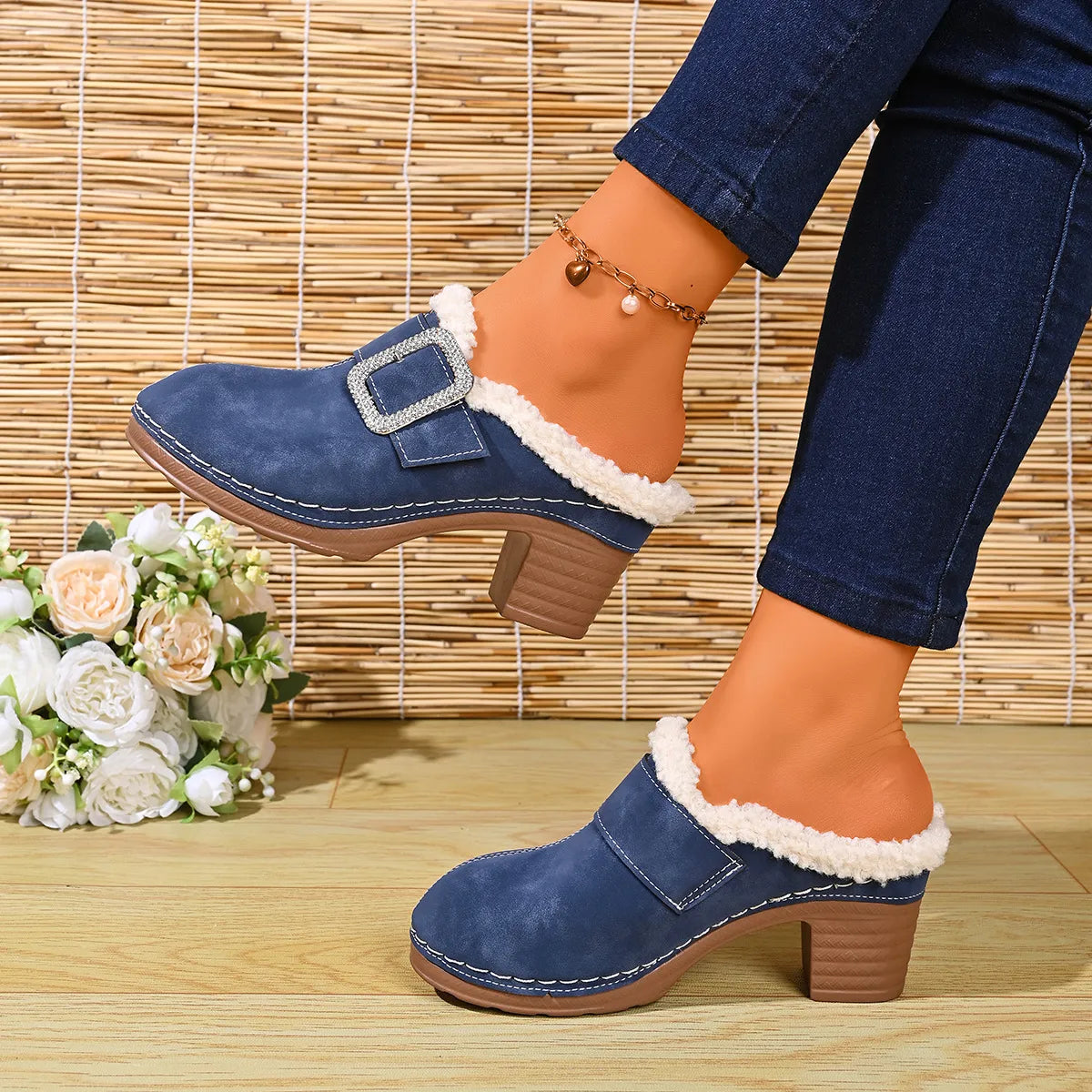 Women's Cosy Buckle Detail Heeled Mules