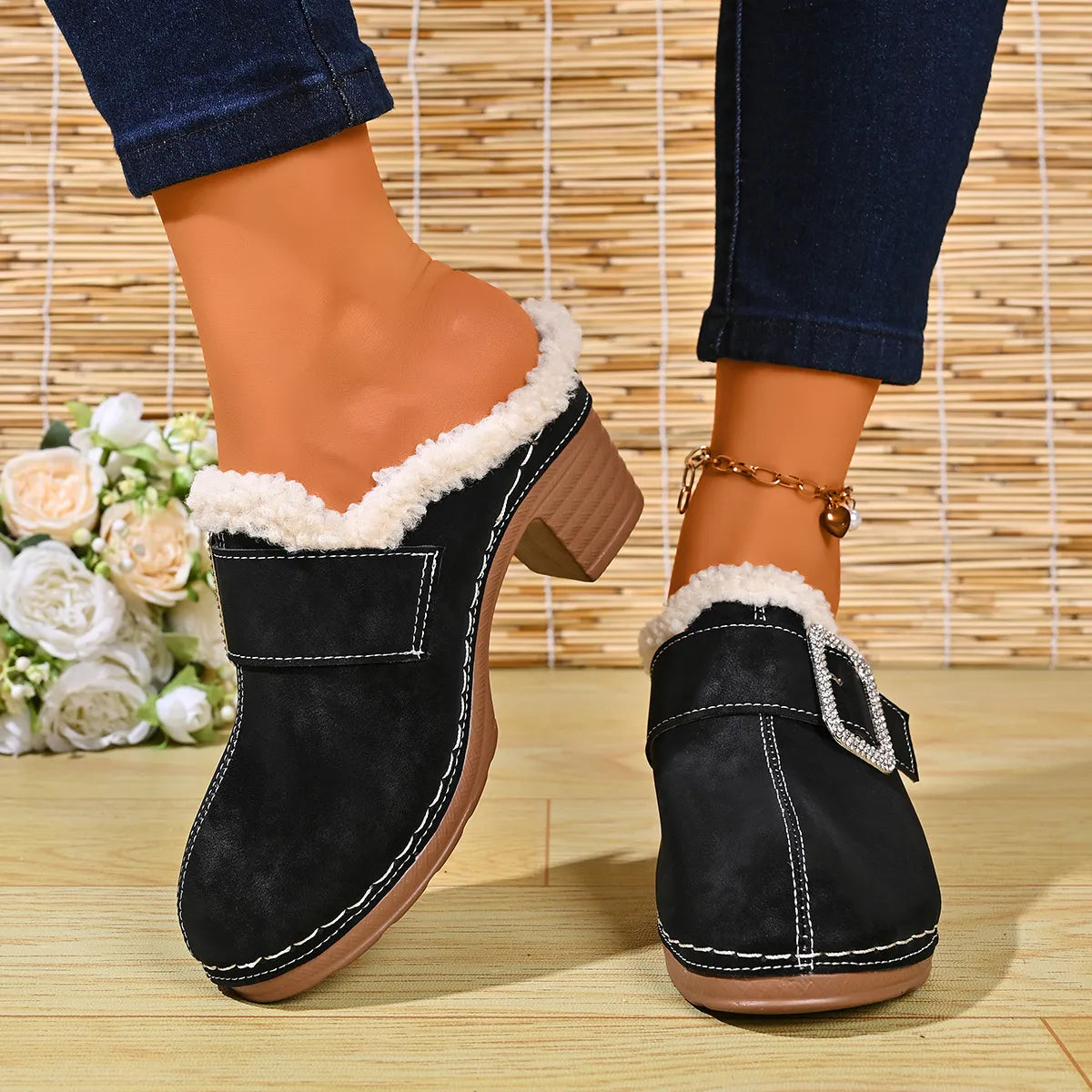 Women's Cosy Buckle Detail Heeled Mules