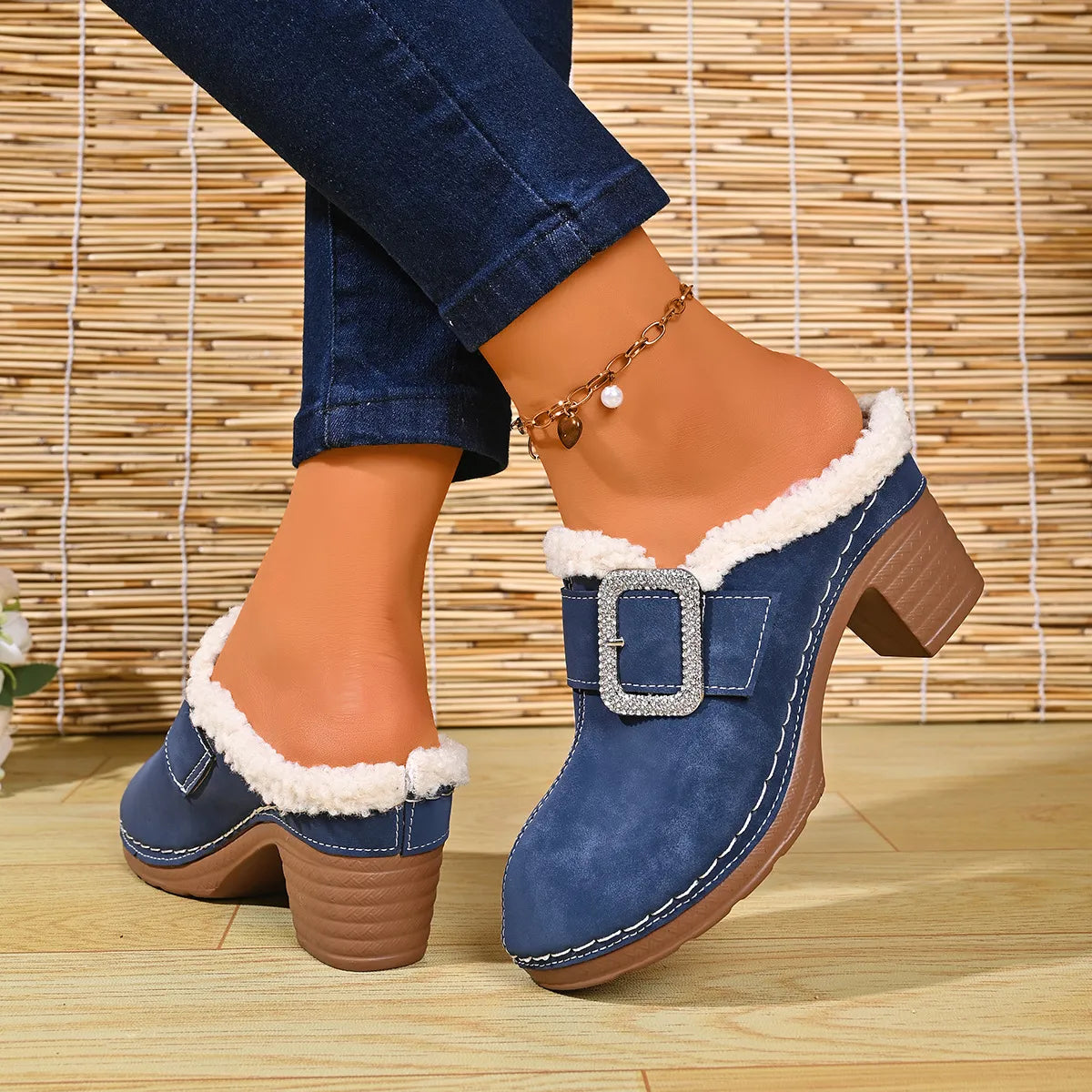 Women's Cosy Buckle Detail Heeled Mules