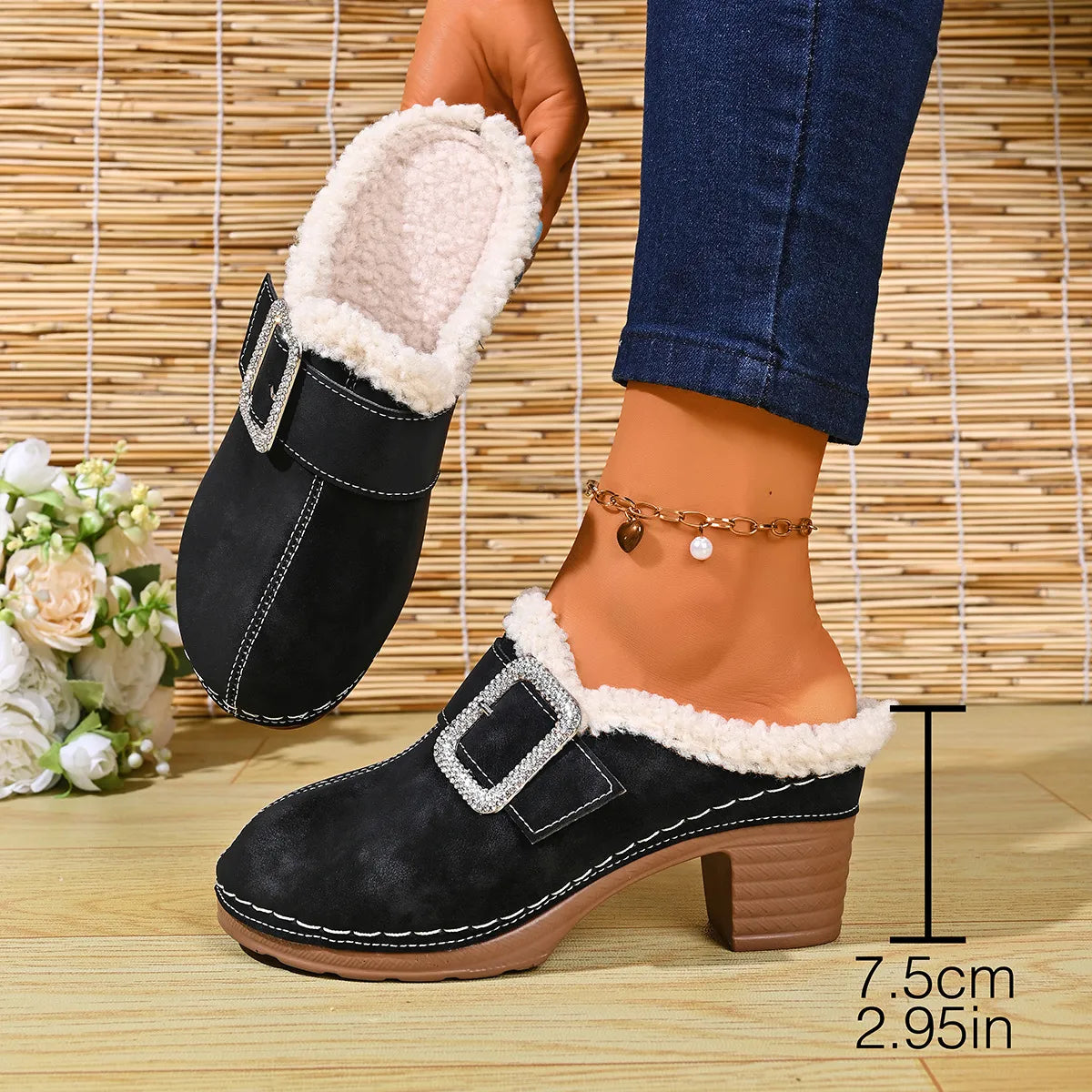 Women's Cosy Buckle Detail Heeled Mules