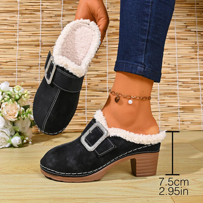 Women's Cosy Buckle Detail Heeled Mules