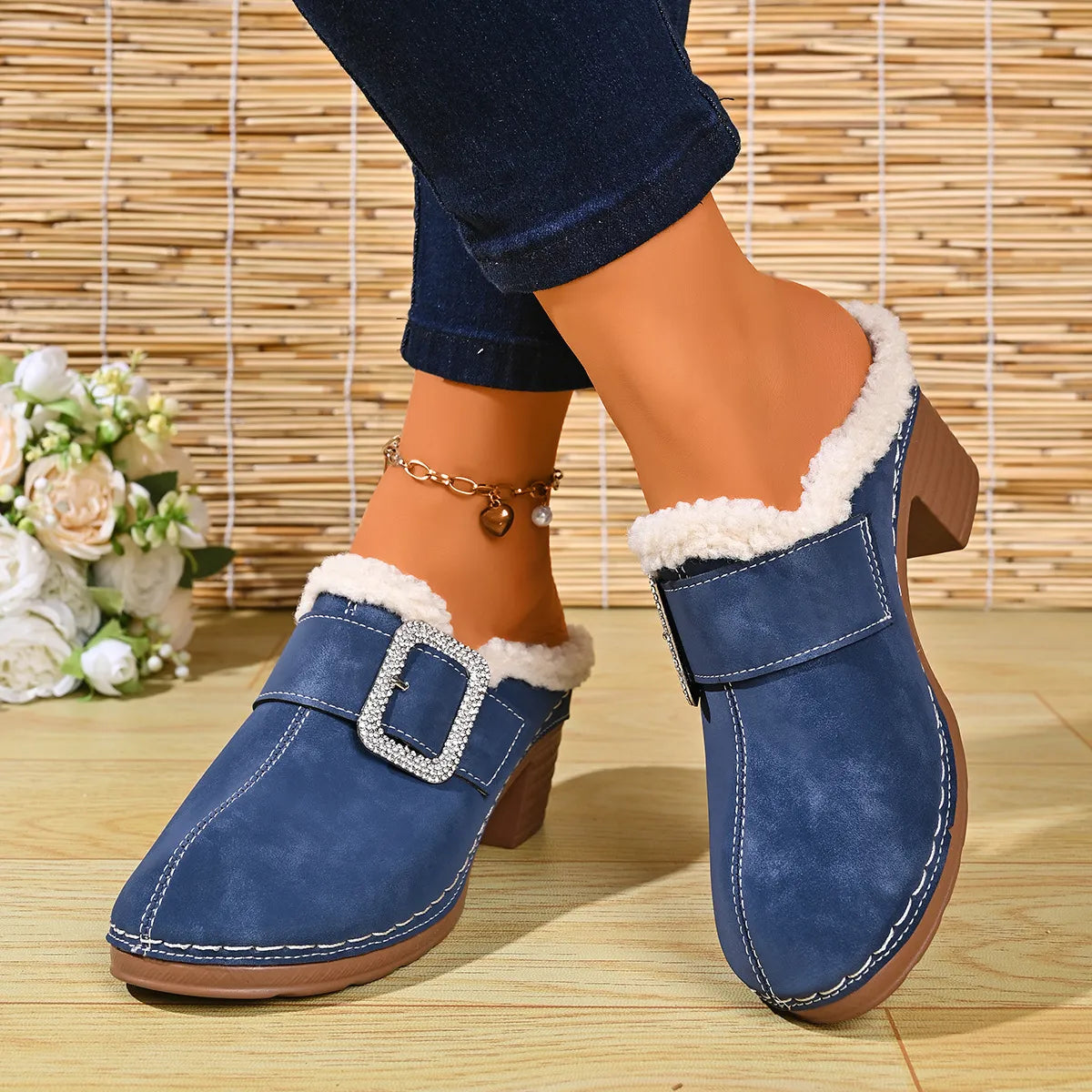 Women's Cosy Buckle Detail Heeled Mules