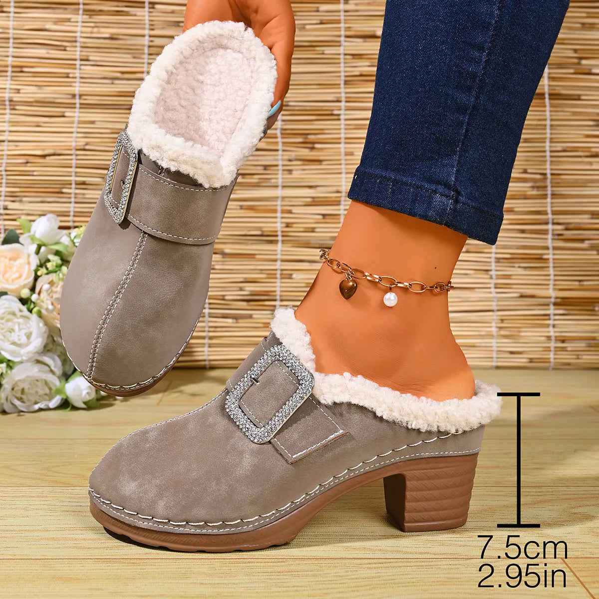 Women's Cosy Buckle Detail Heeled Mules