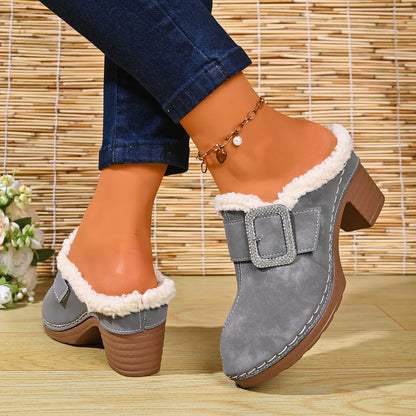 Women's Cosy Buckle Detail Heeled Mules