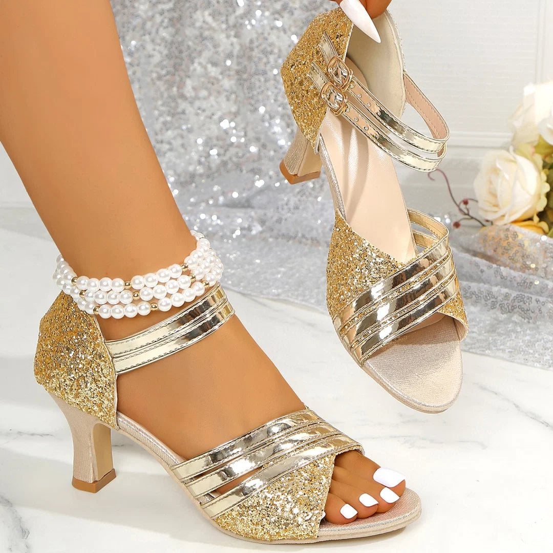 Women's Glitter Strappy Block Heel Sandals