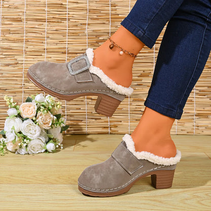 Women's Cosy Buckle Detail Heeled Mules