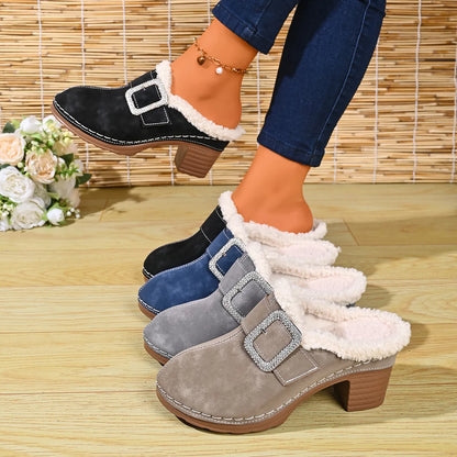 Women's Cosy Buckle Detail Heeled Mules