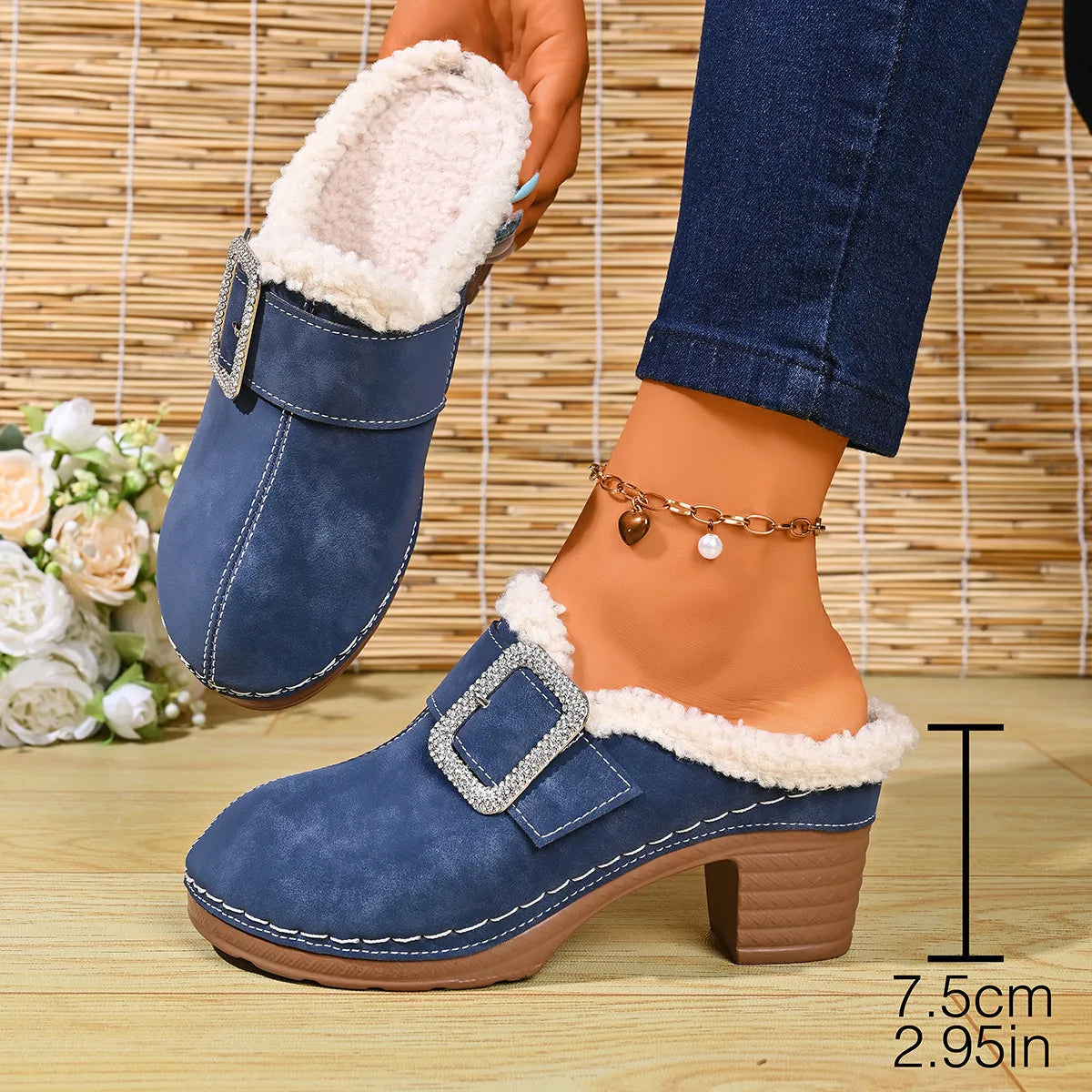 Women's Cosy Buckle Detail Heeled Mules