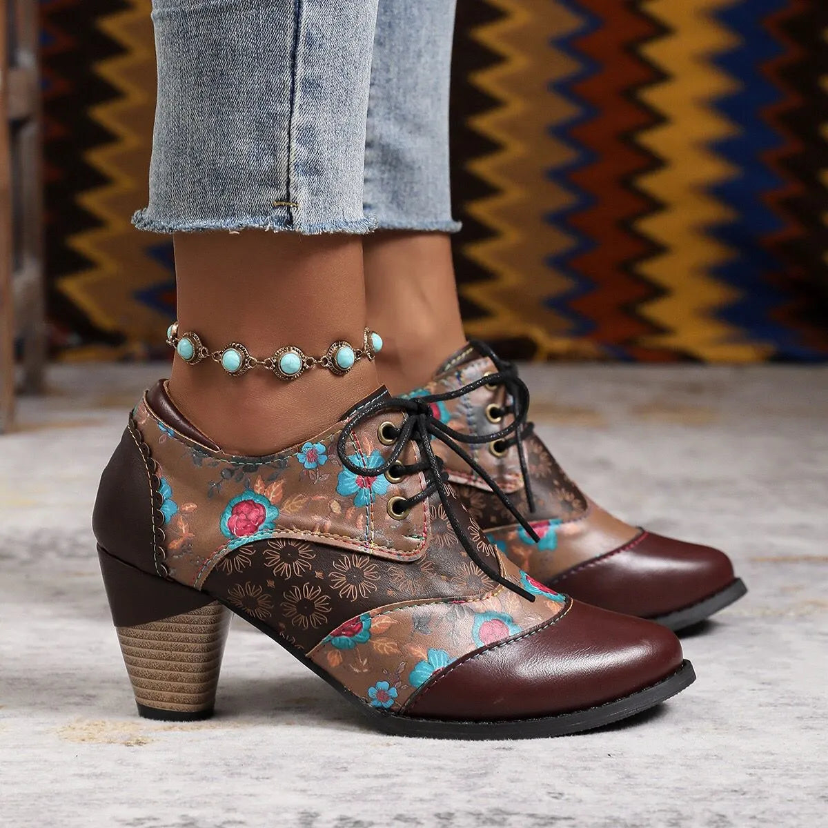 Women's Ethnic-Style Block Heel Ankle Boots