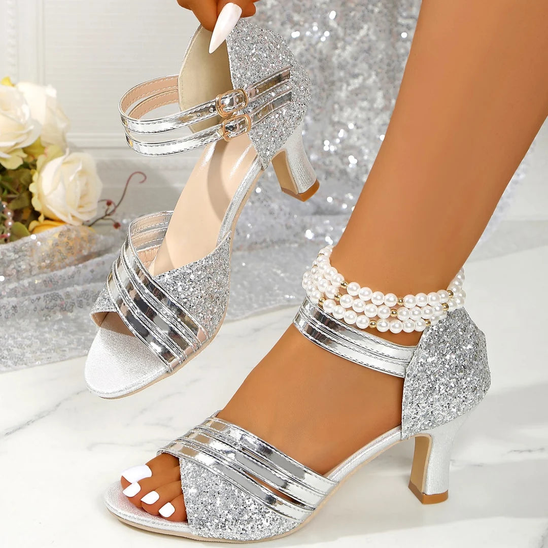 Women's Glitter Strappy Block Heel Sandals