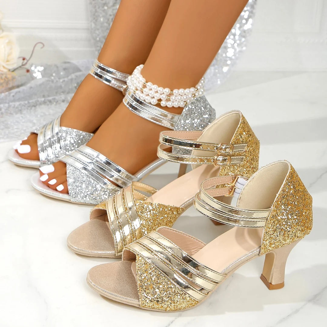Women's Glitter Strappy Block Heel Sandals