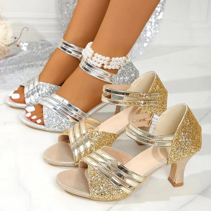 Women's Glitter Strappy Block Heel Sandals