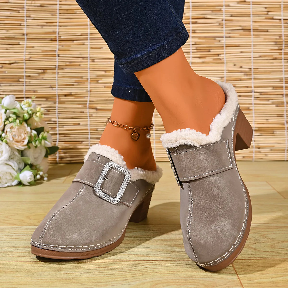 Women's Cosy Buckle Detail Heeled Mules